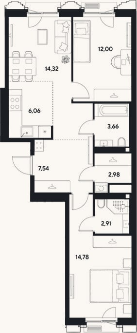 Планировка: 3-к, 64,3 м²