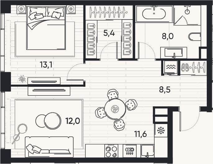 Планировка: 2-к, 58,6 м²