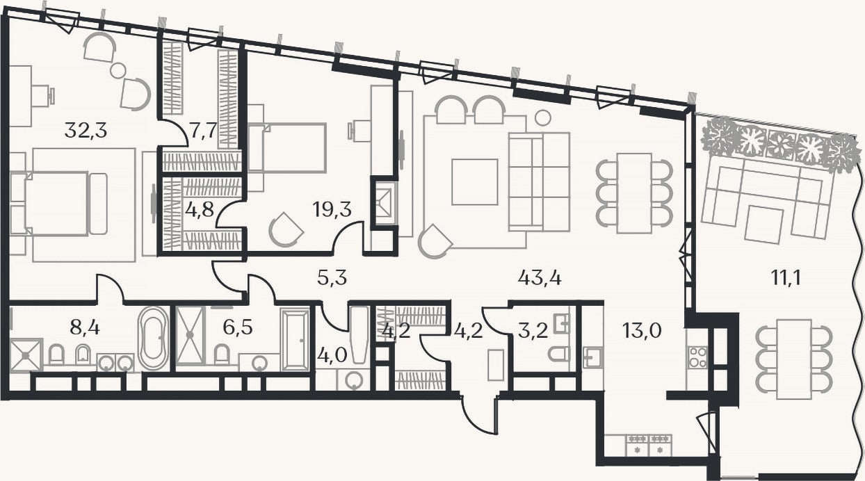 Планировка: 3-к, 152 м²