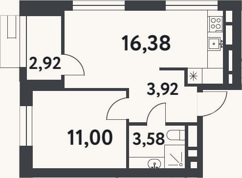 Планировка: 1-к, 34,9 м²