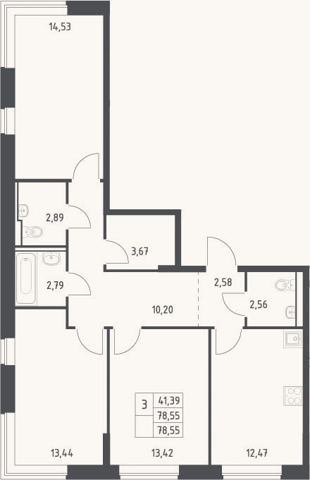 Планировка: 3-к, 78,6 м²