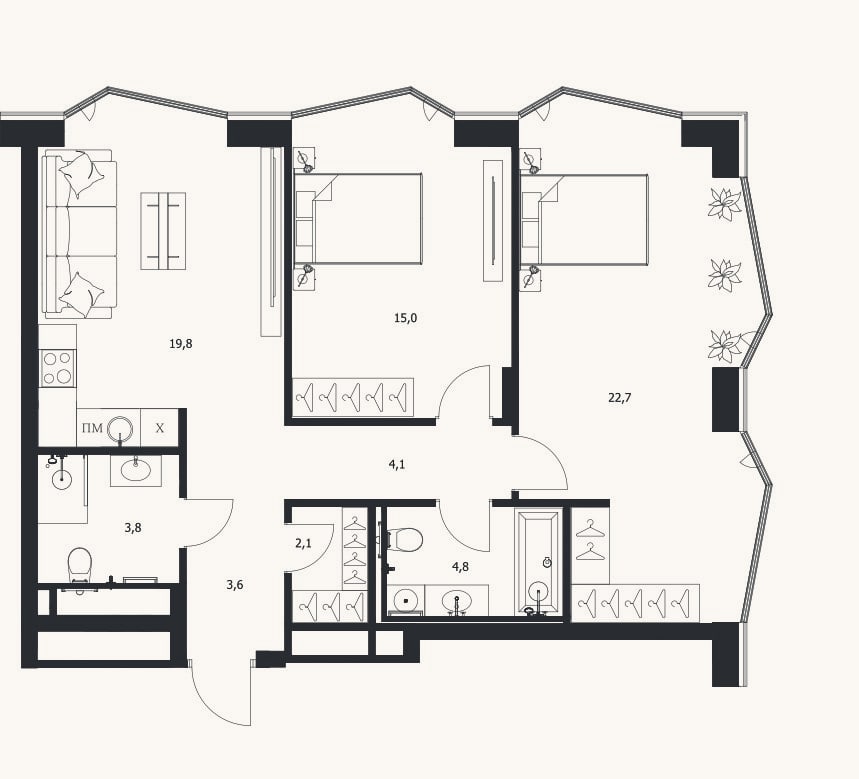 Планировка: 3-к, 75,9 м²