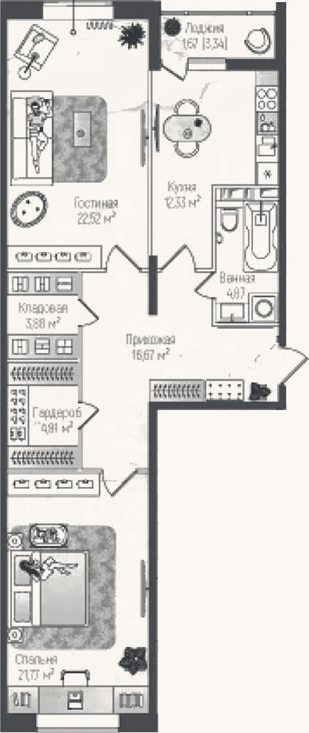 Планировка: 2-к, 86,9 м²