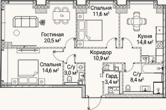 Планировка: 3-к, 87,2 м²