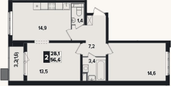 Планировка: 2-к, 55 м²