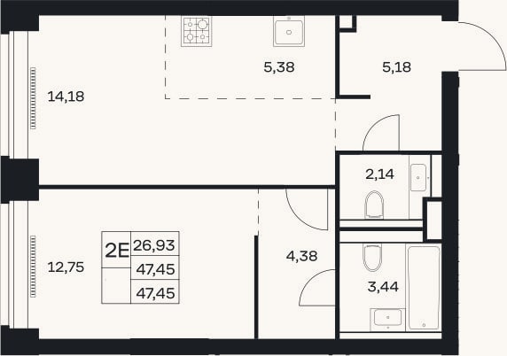 Планировка: 2-к, 47,5 м²