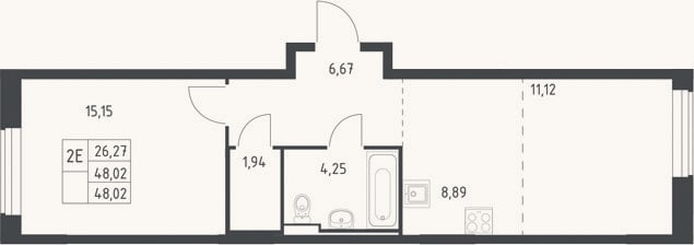 Планировка: 2-к, 48 м²