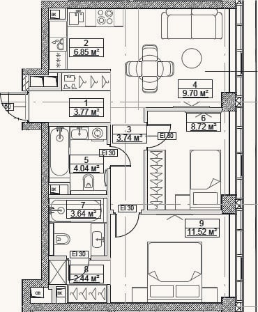 Планировка: 3-к, 54,4 м²