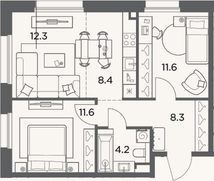 Планировка: 3-к, 56,4 м²