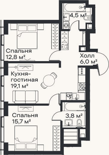 Планировка: 3-к, 61,9 м²