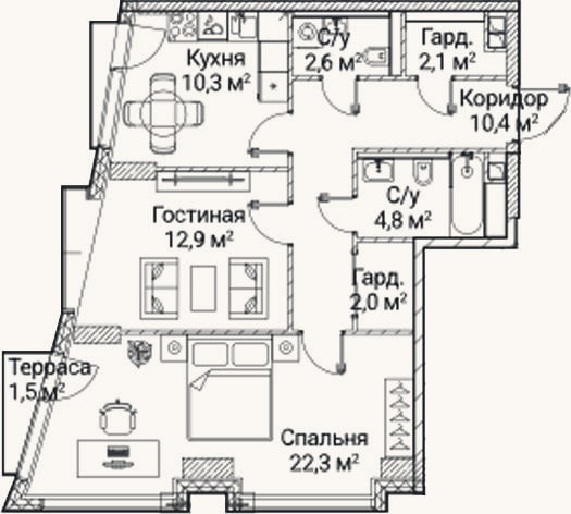 Планировка: 2-к, 66,5 м²