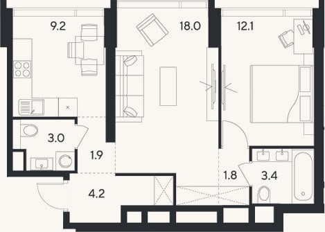 Планировка: 2-к, 53,6 м²