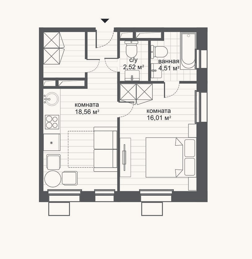 Планировка: 2-к, 45,5 м²