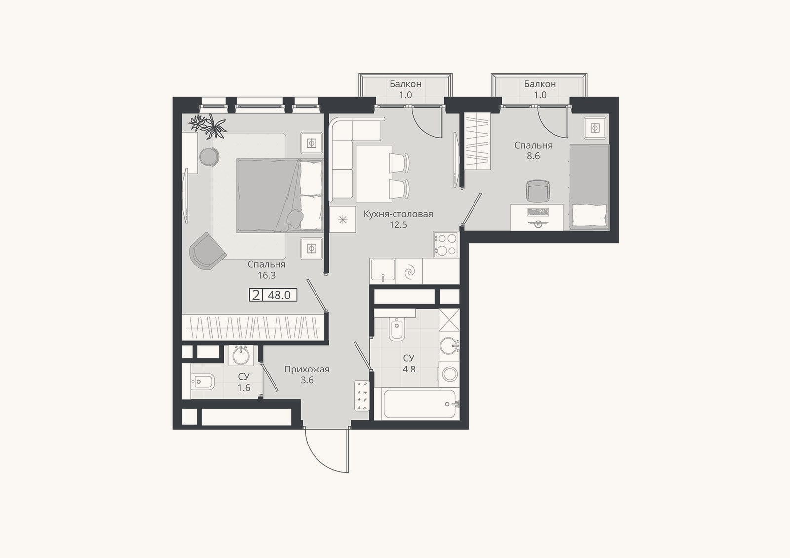 Планировка: 3-к, 47,4 м²