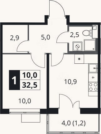 Планировка: 1-к, 31,3 м²