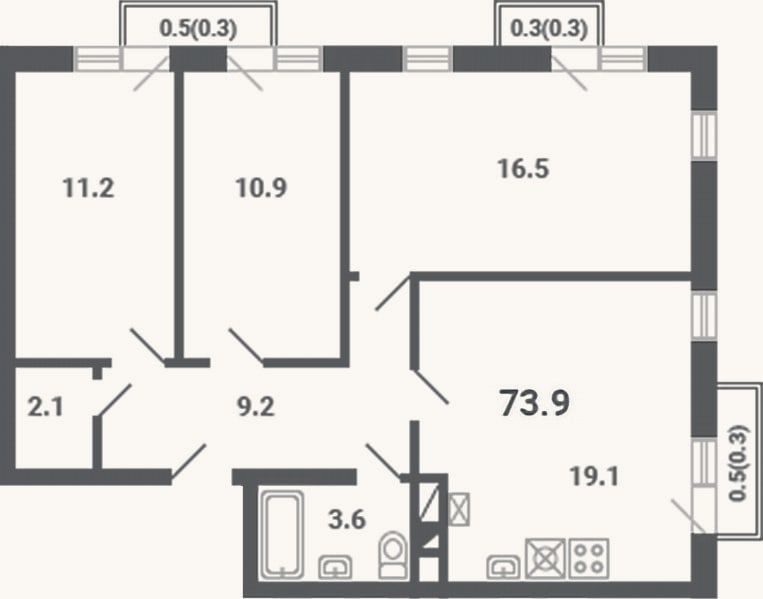 Планировка: 3-к, 72,6 м²