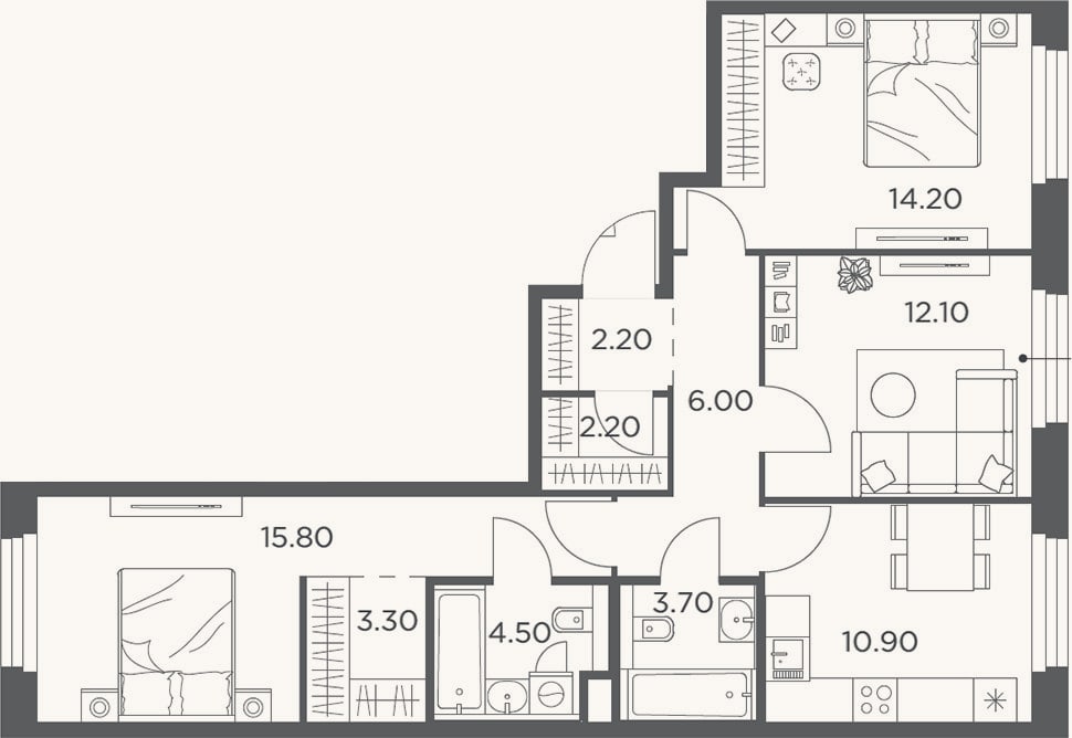 Планировка: 3-к, 74,9 м²