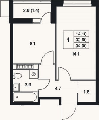 Планировка: 1-к, 32,6 м²