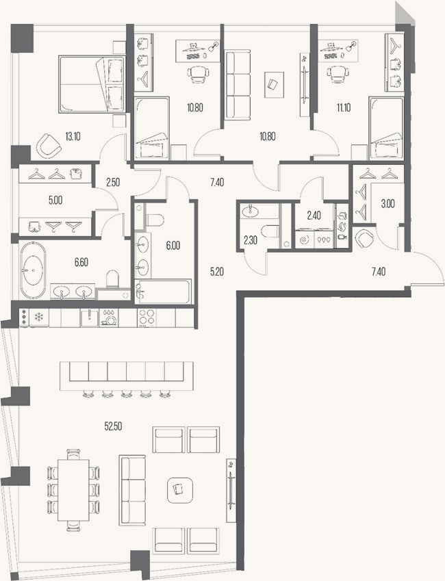 Планировка: 3-к, 146,1 м²