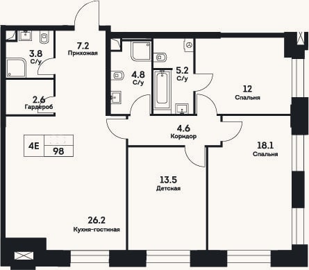 Планировка: 4+ к, 98 м²