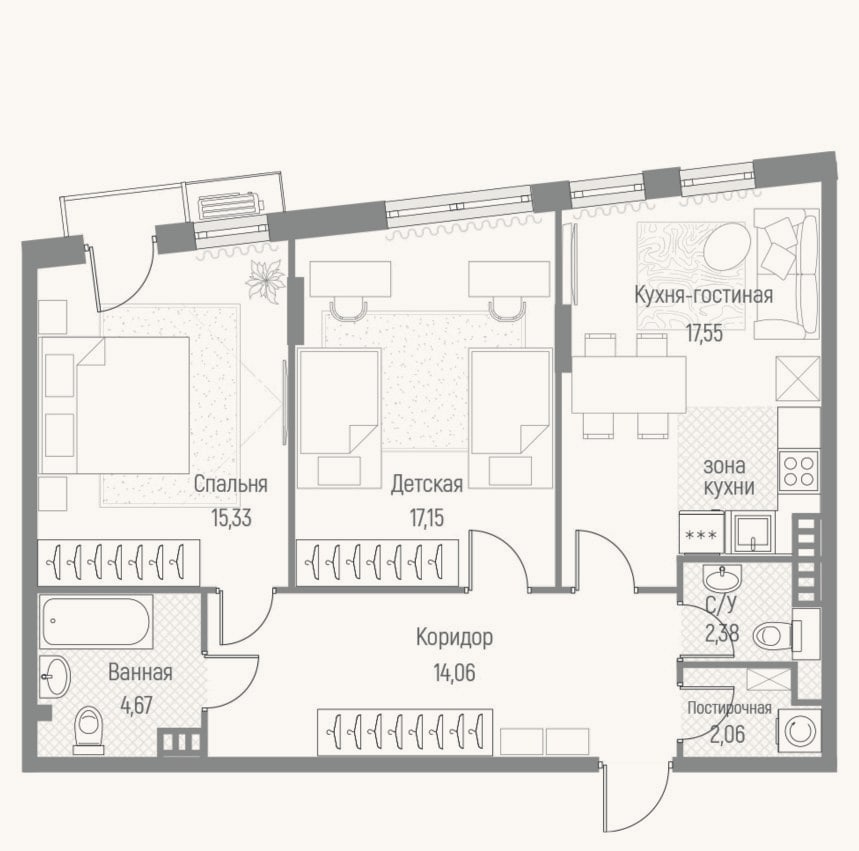 Планировка: 2-к, 72,9 м²