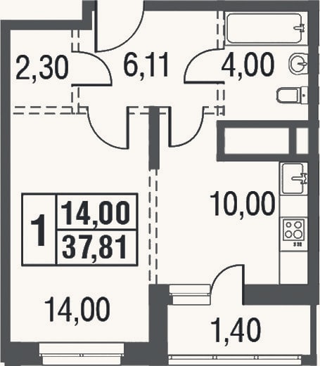 Планировка: 1-к, 36,4 м²