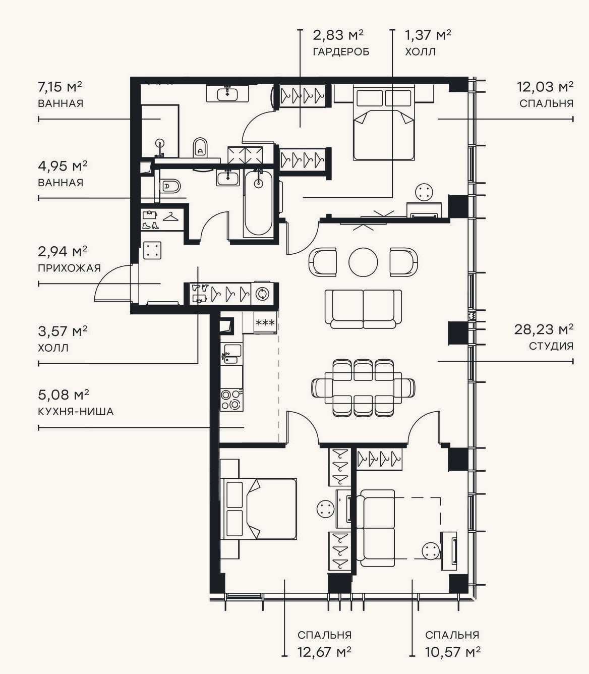 Планировка: 4+ к, 91,4 м²