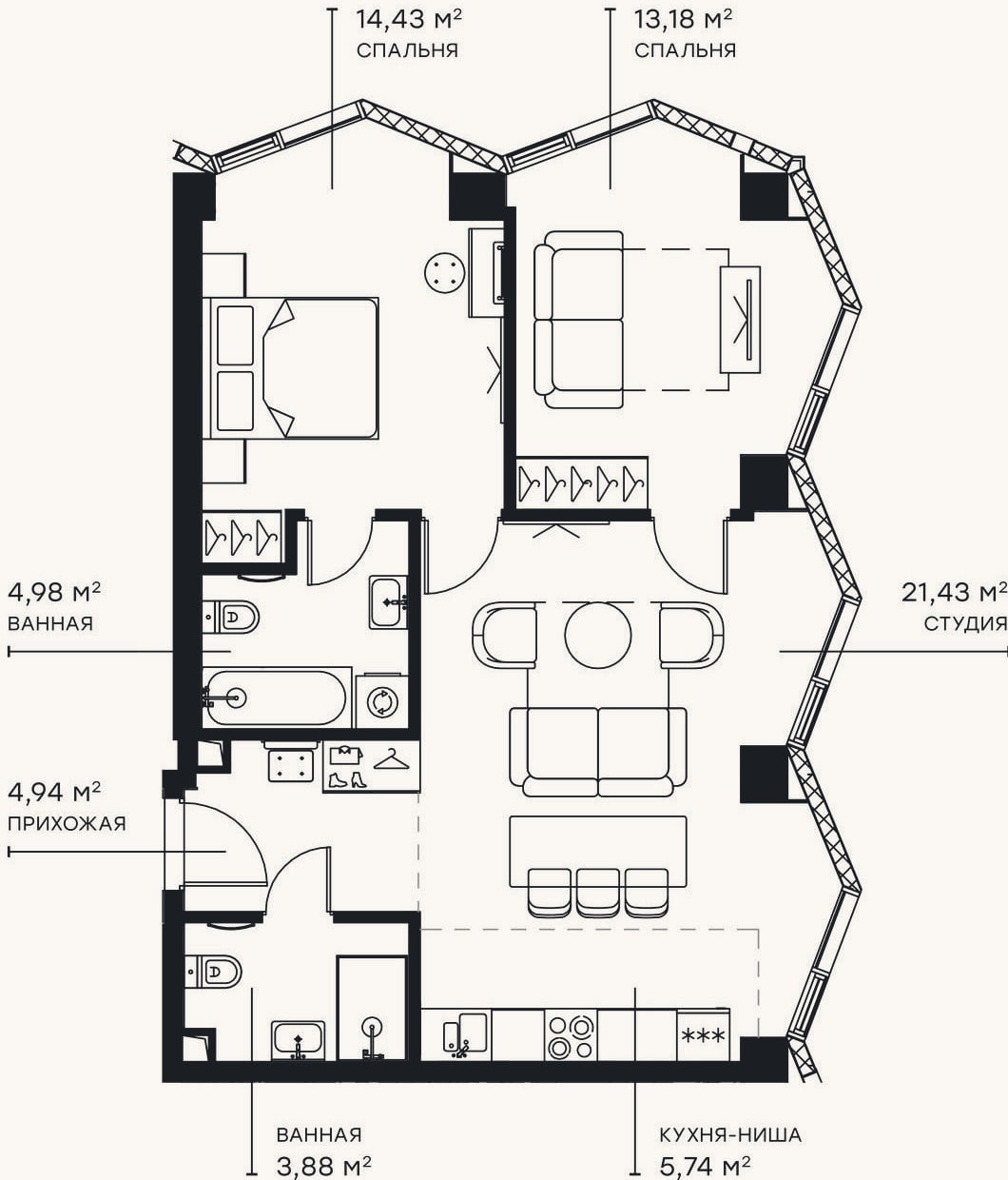 Планировка: 3-к, 68,6 м²