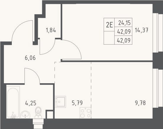 Планировка: 2-к, 42,1 м²