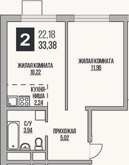 Планировка: 2-к, 33,4 м²
