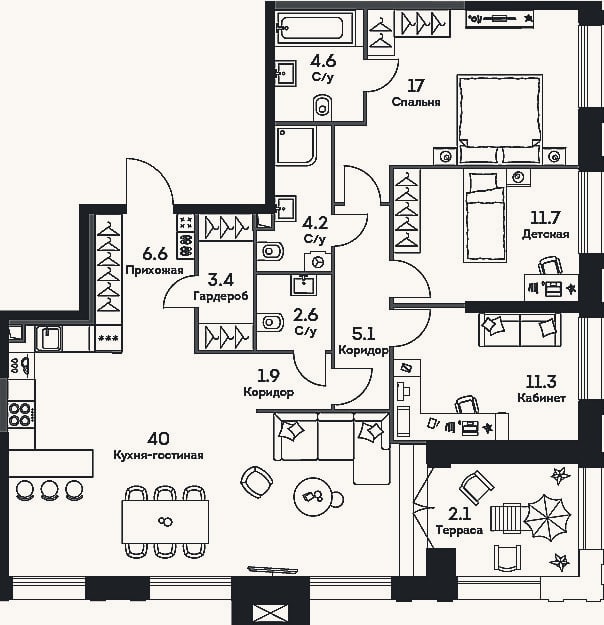 Планировка: 4+ к, 110,1 м²
