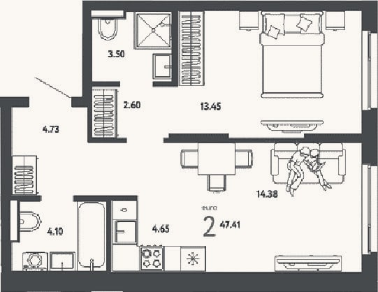Планировка: 2-к, 47,4 м²
