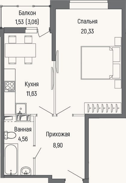 Планировка: 1-к, 42,8 м²