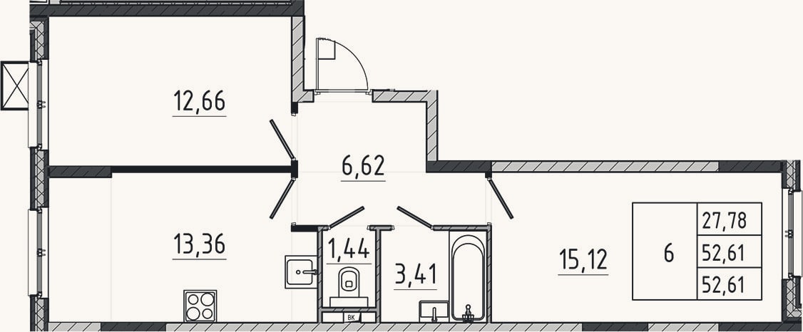 Планировка: 2-к, 52,6 м²