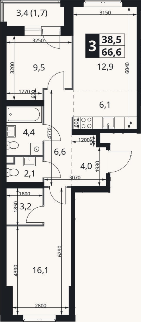 Планировка: 3-к, 64,9 м²