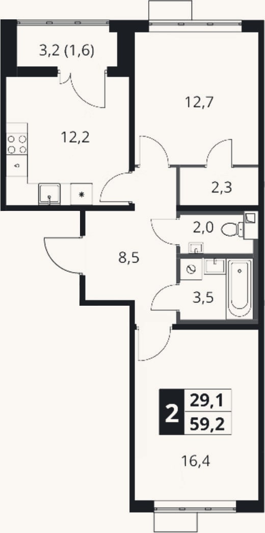 Планировка: 2-к, 57,6 м²