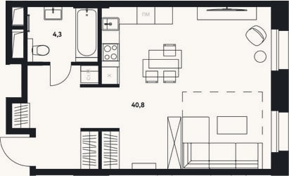 Планировка: Студия, 45,1 м²