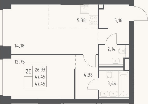 Планировка: 2-к, 47,5 м²