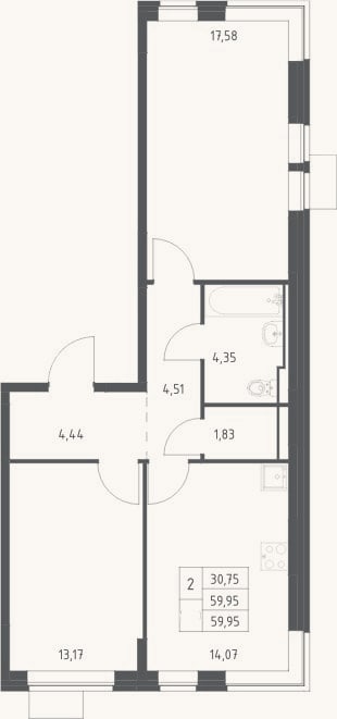 Планировка: 2-к, 60 м²