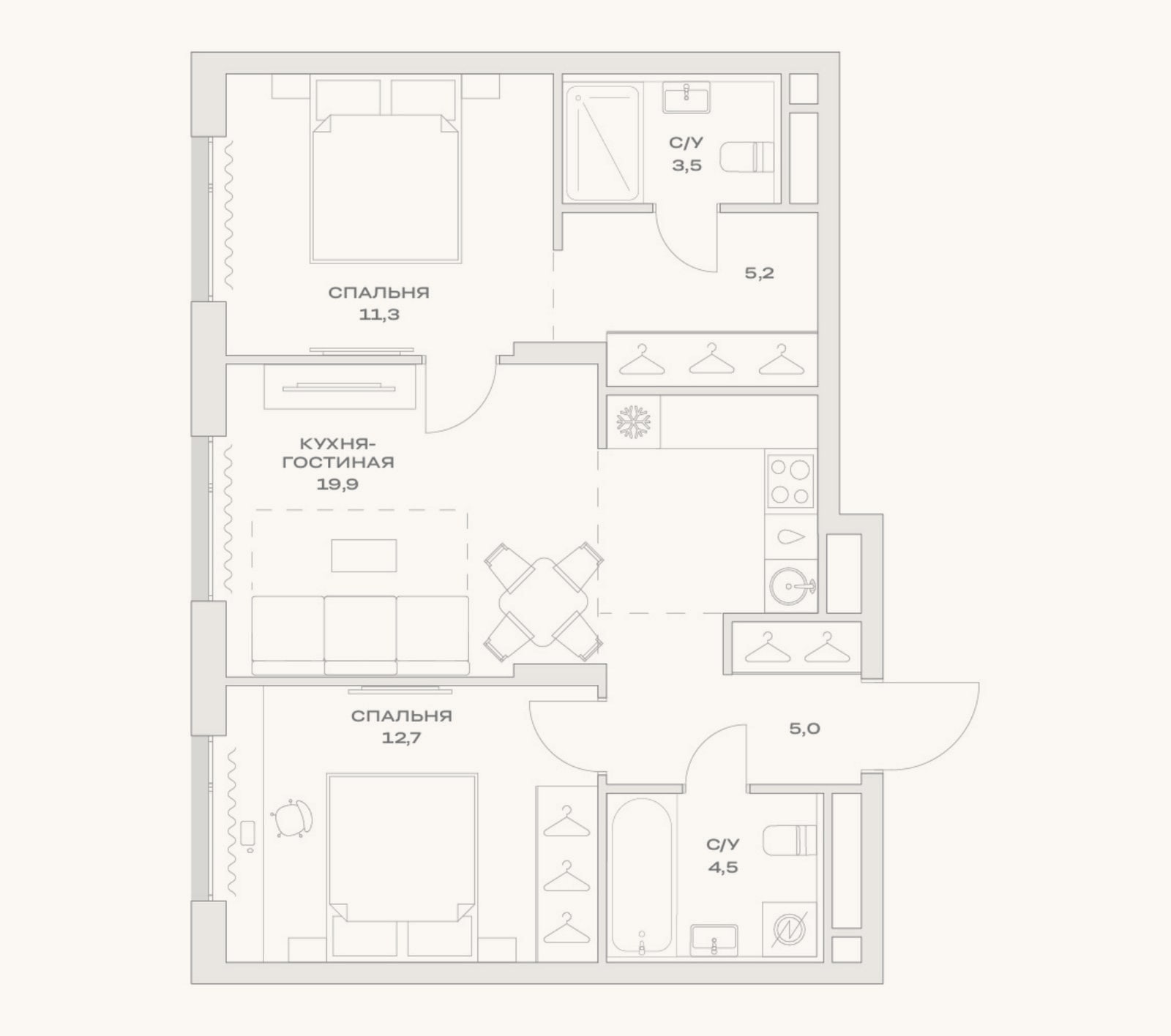 Планировка: 3-к, 62,1 м²