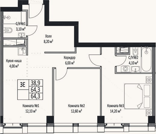 Планировка: 3-к, 64,3 м²