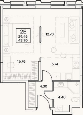 Планировка: 2-к, 43,9 м²