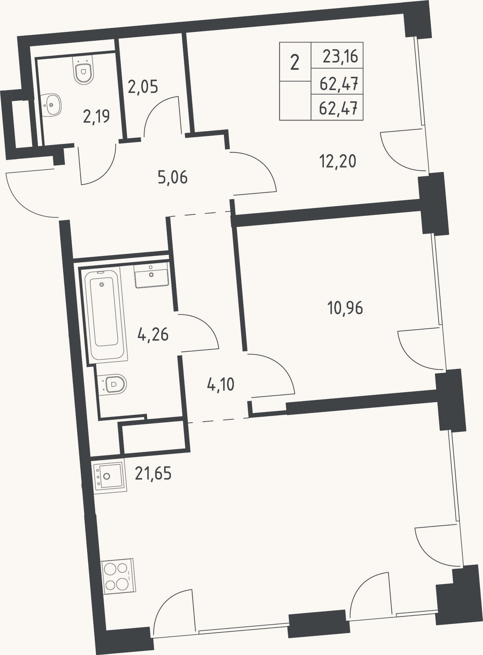 Планировка: 3-к, 62,5 м²