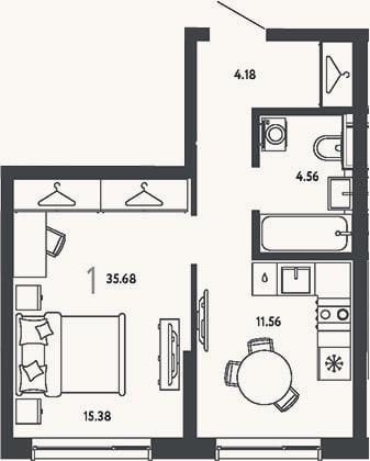 Планировка: 1-к, 35,7 м²