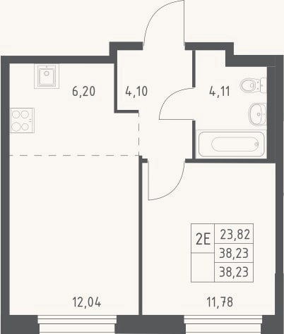 Планировка: 2-к, 38,2 м²