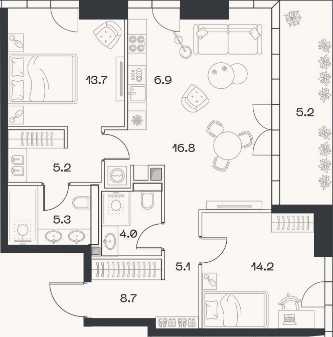 Планировка: 3-к, 80,8 м²