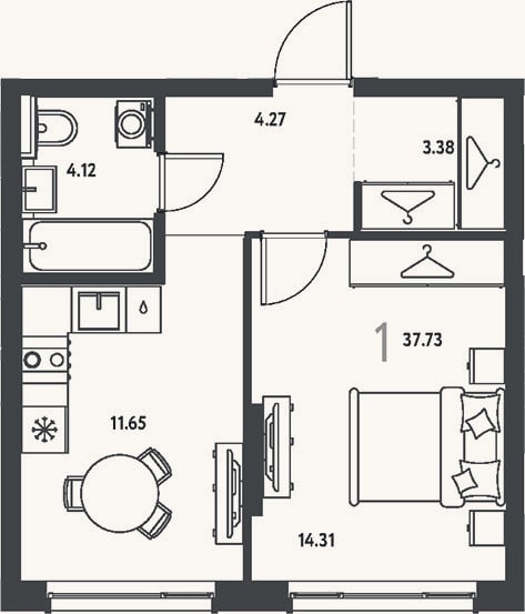 Планировка: 1-к, 37,7 м²