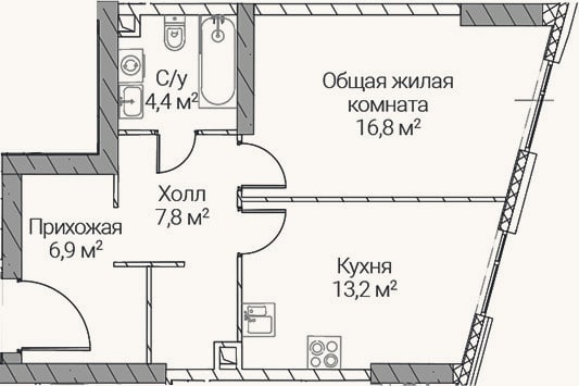 Планировка: 1-к, 49,1 м²