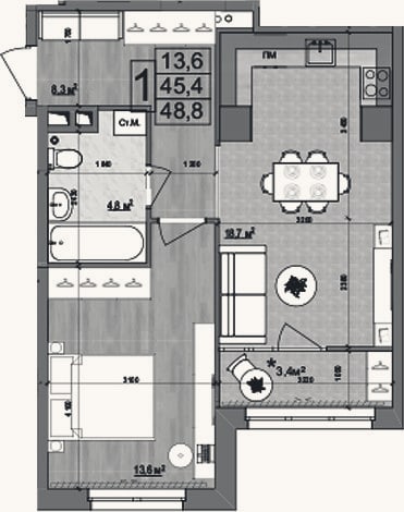 Планировка: 2-к, 45,4 м²