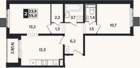 Планировка: 2-к, 53,6 м²